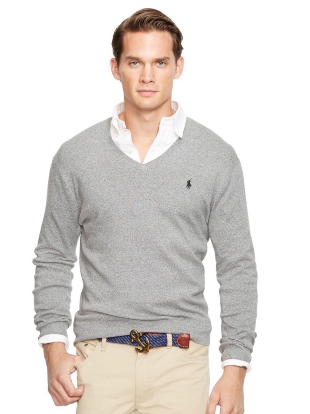 Polo by Ralph Lauren Light Gray V-Neck 100% cotton Sweater with Navy Pony XL